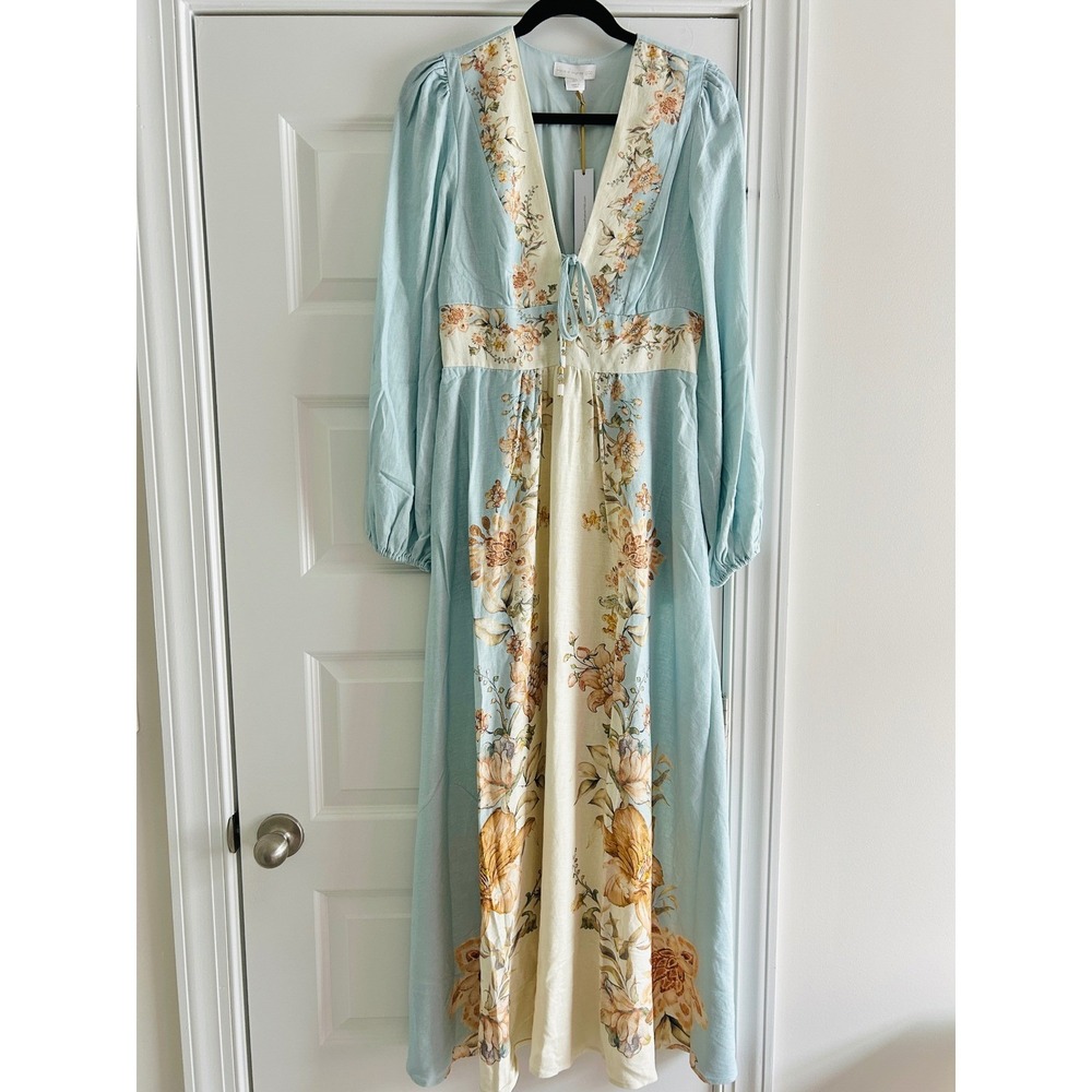 House of Harlow 1960 Blue Cream Floral Linen Blend Maxi Dress NWT Size Small